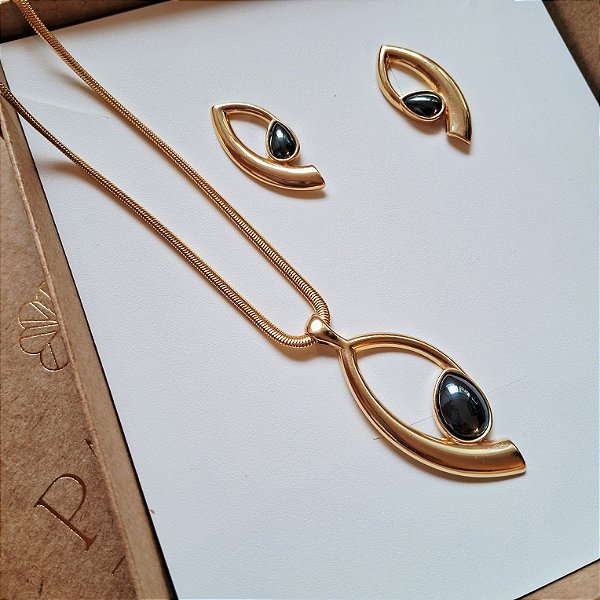 Conjunto Brinco e Colar Movimento Hematita - Folheado a Ouro
