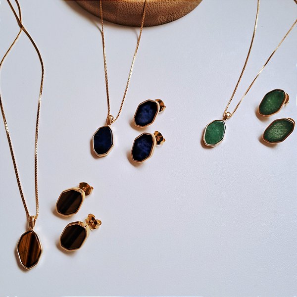 Conjunto Brinco e Colar Geométrico - Folheado a Ouro