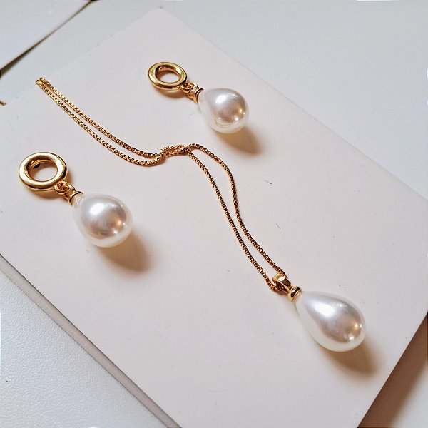 Conjunto Brinco e Colar Pérola Shell - Folheado a Ouro