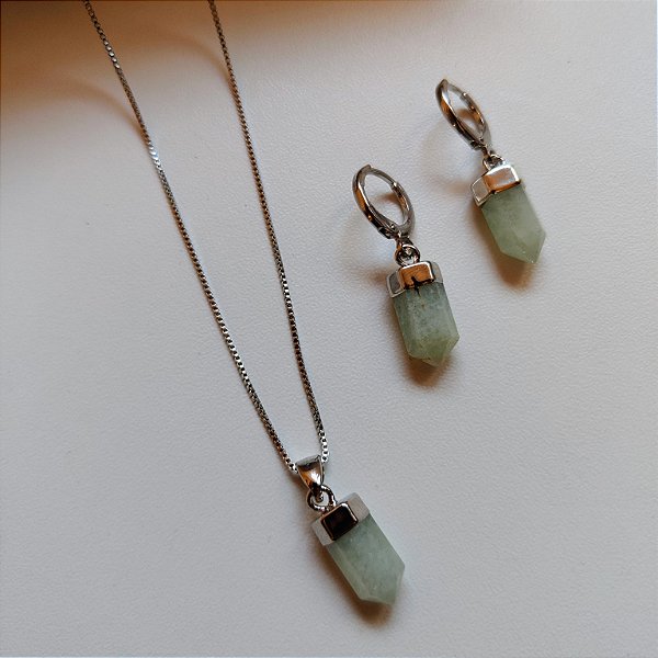 Conjunto Colar e Brinco Água Marinha Prisma - Ródio Branco