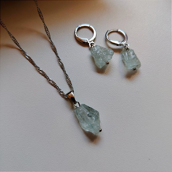 Conjunto Colar e Brinco Água Marinha - Pedra Bruta - Ródio Branco