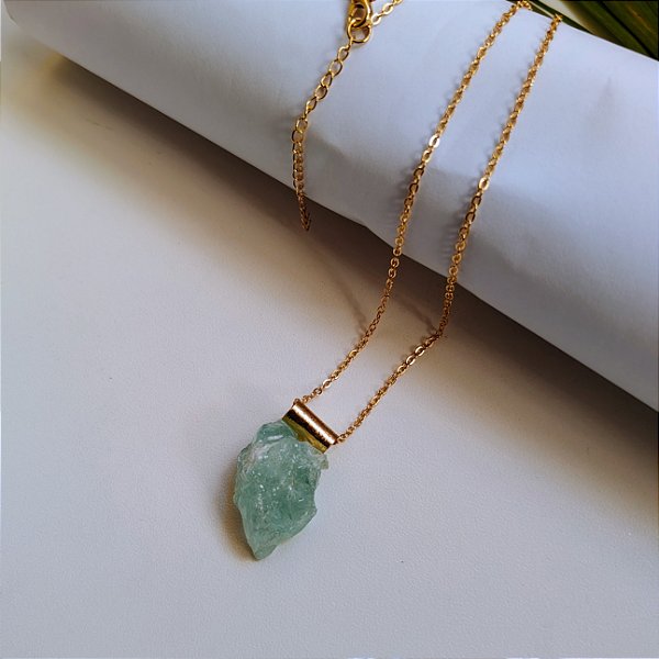 Colar Água Marinha Bruta - Folheado a Ouro