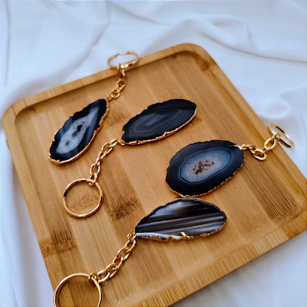 Chaveiro Chapa Ágata Preta Dourado - Borda Dourada