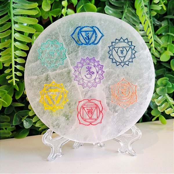 Placa Redonda Selenita Chakras - 10cm - Colorida