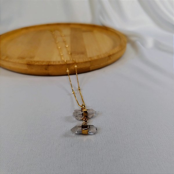 Colar Bolinha 2 Cristais de Quartzo - Folheado a Ouro