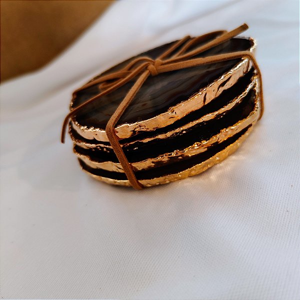 Kit 4 Porta Copos Ágata Marrom - Borda Dourada