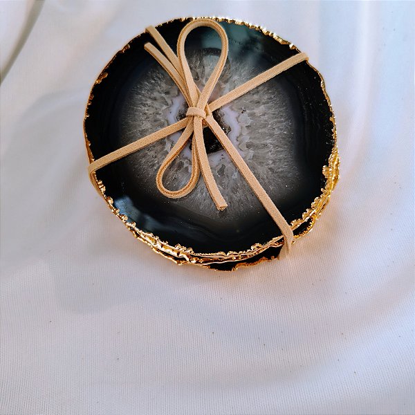 Kit 4 Porta Copos Ágata Preta - Borda Dourada