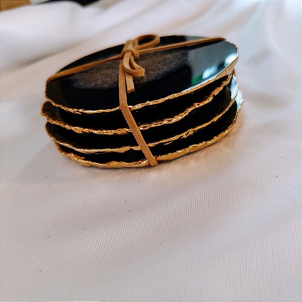 Kit 4 Porta Copos Ágata Preta - Borda Dourada