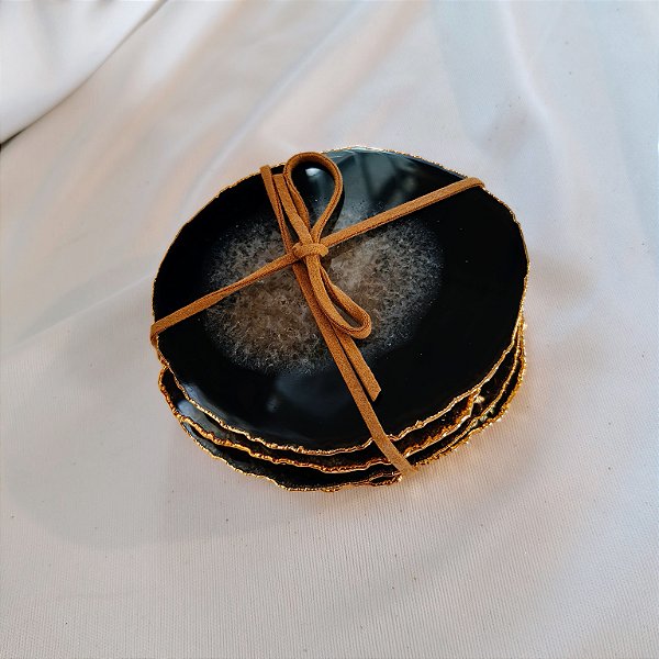 Kit 4 Porta Copos Ágata Preta - Borda Dourada