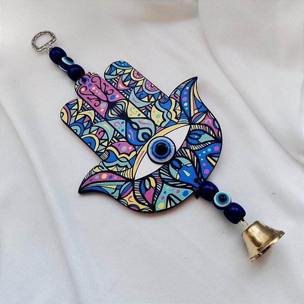 Móbile MDF Mandala Mão Hamsá com Sino