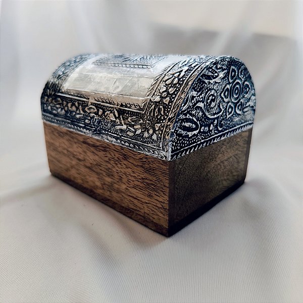 Caixa Indiana Decorada Mandala Sol G Madeira - Prateado Envelhecido