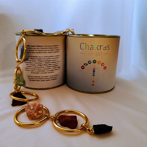 Móbile Argola Chakras 45cm - Cristais Brutos - Turmalina Negra - Dourado