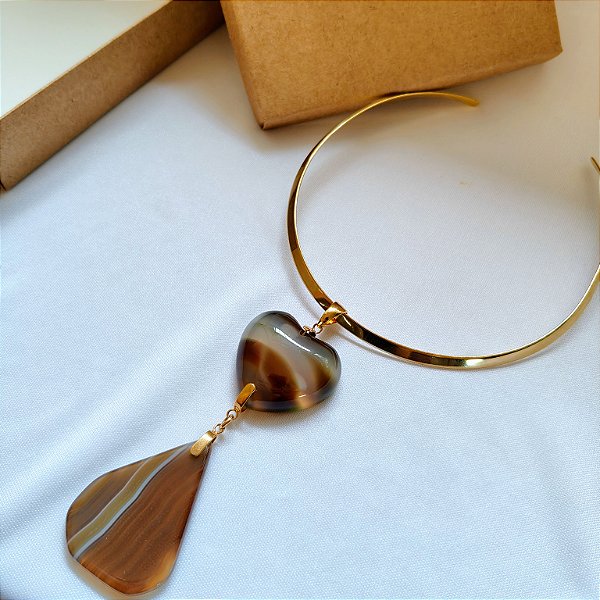 Colar Aro Coração e Gota Agata - Folheado a Ouro