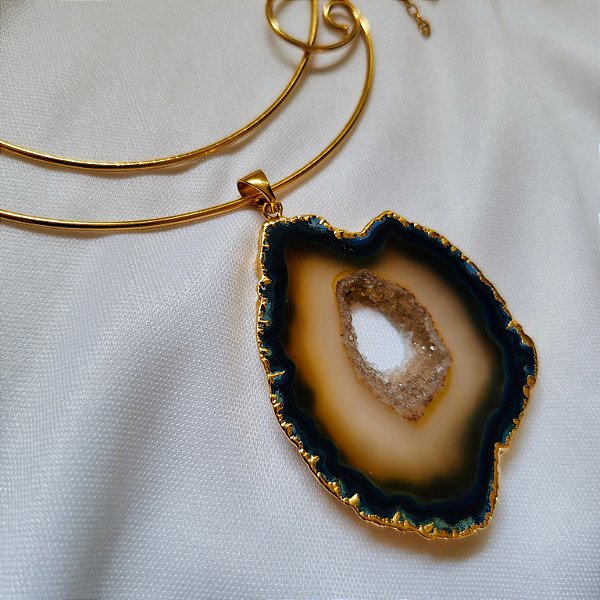 Colar Aro Espiral Drusa Ágata - com Borda Dourada - Banho Ouro