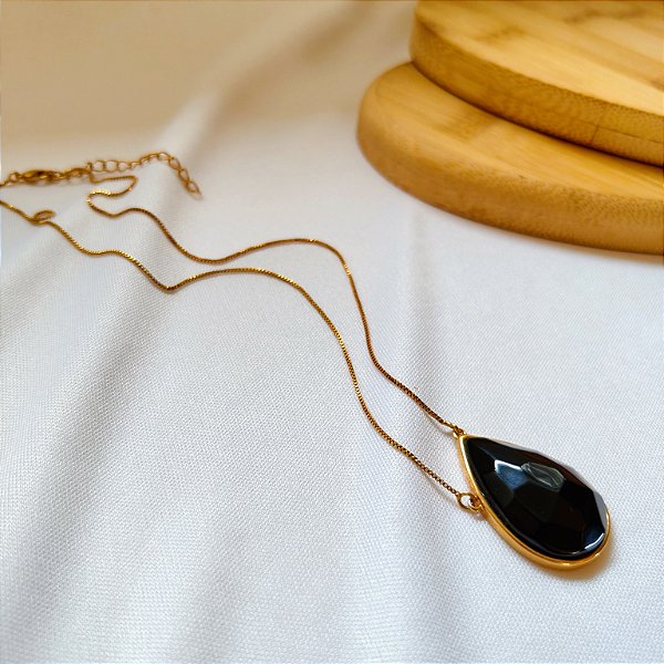 Colar Gota Ônix - Banho Ouro