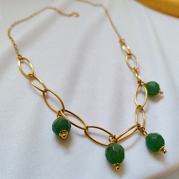 Colar Elos Alongados Quartzo Verde Facetado - Banho Ouro