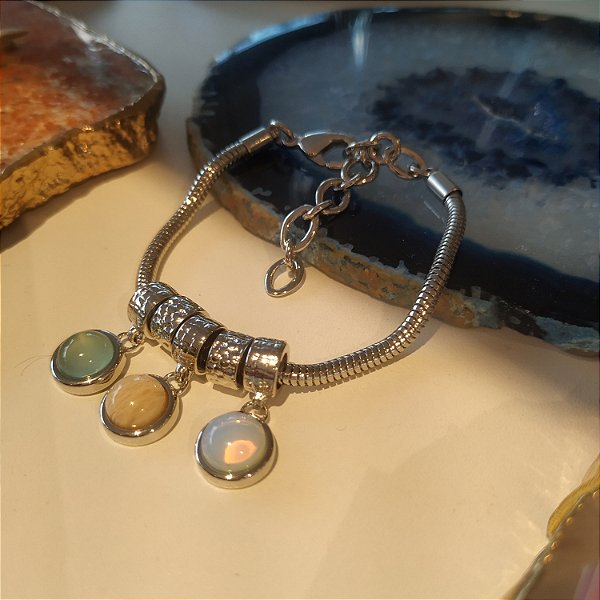 Pulseira Berloque Ágata Azul / Amazonita Bege / Opalina - Ródio Branco