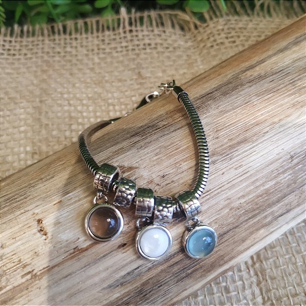 Pulseira Berloque Opalina / Quartzo Rosa / Obsidiana Fume - Rodio branco