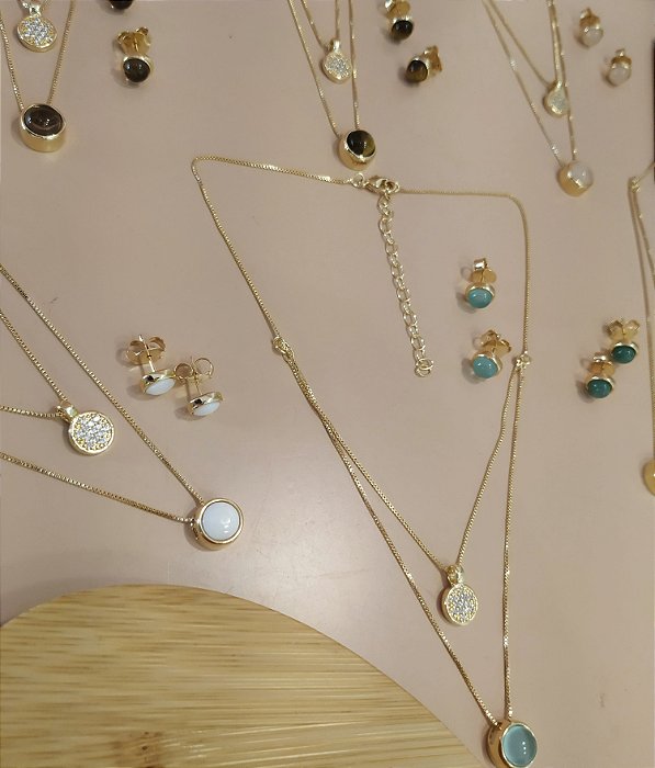Conjunto Brinco Redondo e Colar Duplo  - Folheado a Ouro