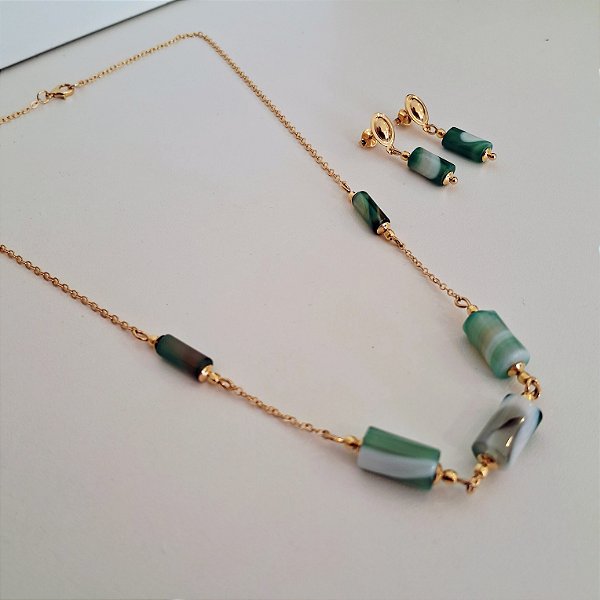 Conjunto Colar e Brinco Elegance Ágata Verde - Folheada a Ouro