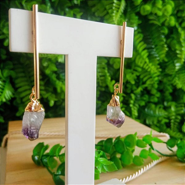 Brinco Longo Cristal Bruto - Folheado a Ouro
