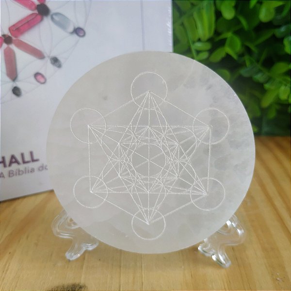 Placa de Selenita Redonda Cubo Metatron - 8cm