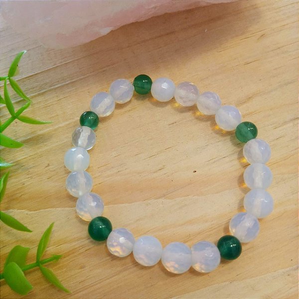 Pulseira Opalina e Quartzo Verde Contas 8 mm