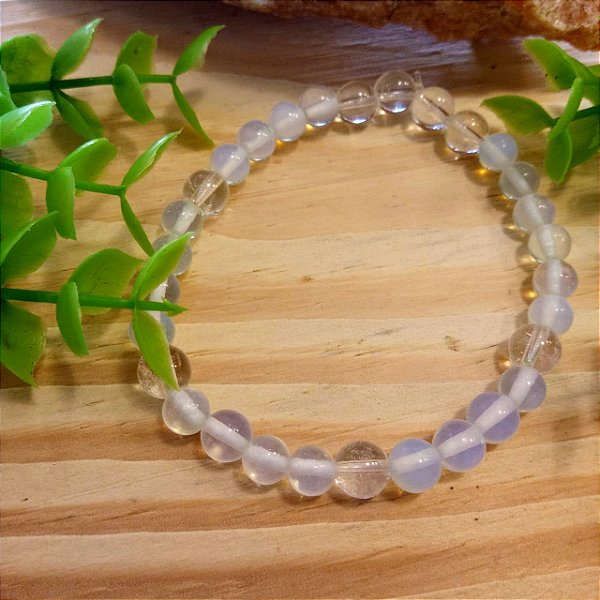 Pulseira Opalina e Cristal de Quartzo Contas 6mm