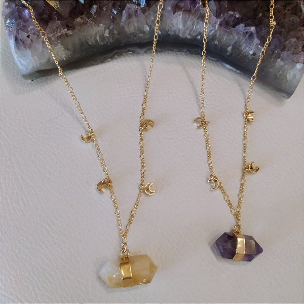 Colar Cristal Biterminado Lua- Folheado a Ouro