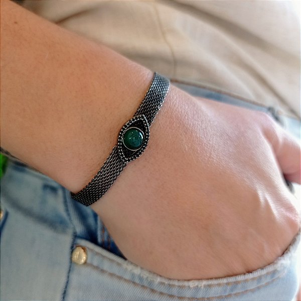 Pulseira Olho Ágata Verde - Ródio Negro