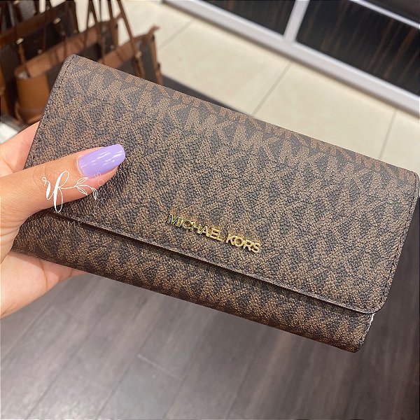 Michael Kors - Carteira Jet Set Travel Large Trifold Leather Couro Três Abas Monograma Marrom