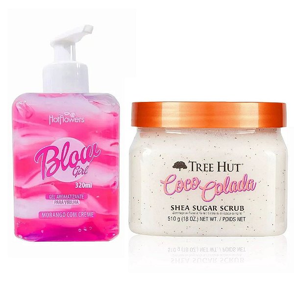 Kit Blow Girl - Gel Aromatizante Para Virilha Morango Com Creme + Esfoliante Tree Hut Corporal Coco Colada