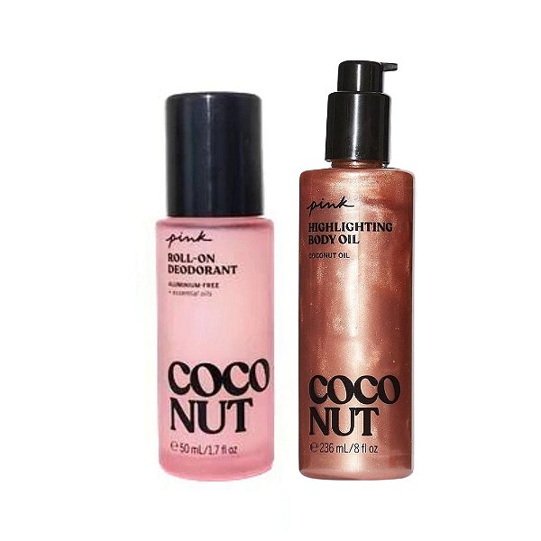 Kit Victoria's Secret PINK Desodorante Roll-on Sem Aumínio Coconut + Óleo Iluminador Corporal Coconut Highlighting Body Oil