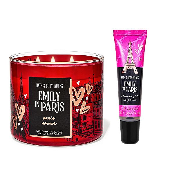 Kit Bath Body & Works Vela Aromática 3 Pavios Emily in Paris Paris Amour + Gloss Labial Emily in Paris Champagne In Paris