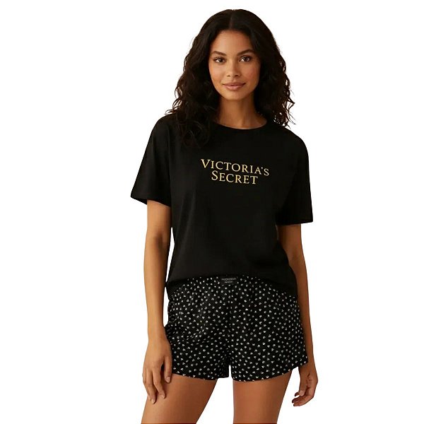 Victoria's Secret - Pijama Preto Cotton Shorts e Camiseta Feminino Tamanho M