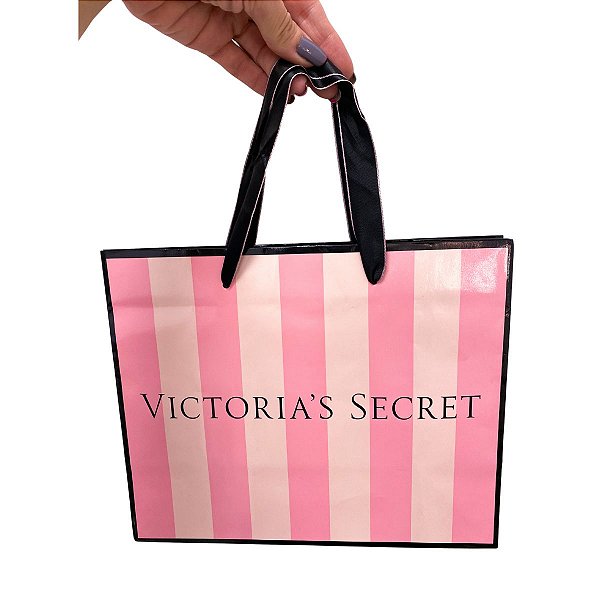 Sacola Presente Victoria's Secret Brilhosa M Rosa Listrada Alça Cetim