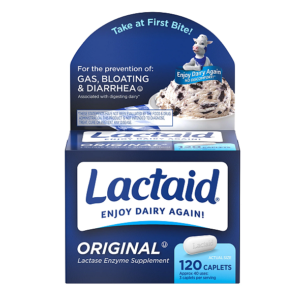Lactaid - Comprimidos de Enzima Lactase Lactaid Original Strength (9000 FCC) para Intolerância à Lactose – 120 unidades
