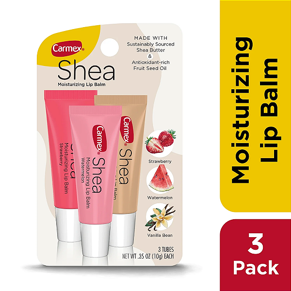 Carmex Lip Balm - Kit Shea Moisturizing Trio - Strawberry, Watermelon, Vanilla Bean - Hidratante Labial