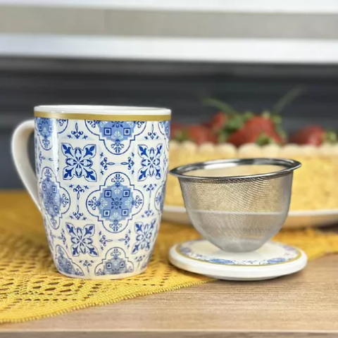 CANECA DE CERÂMICA COM TAMPA E INFUSOR PARA CHÁ EM AÇO INOX LISBOA 310ML - LYOR