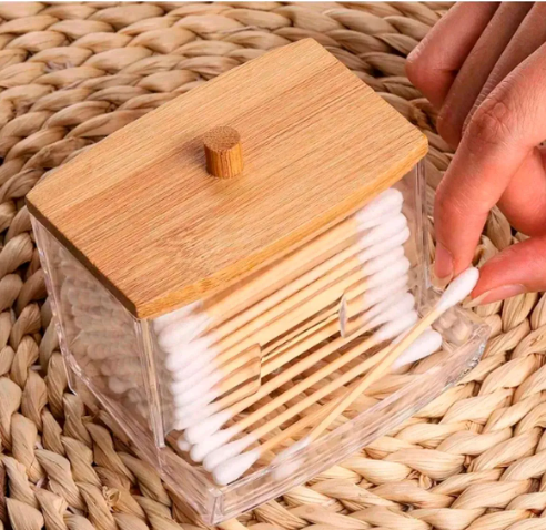 PORTA COTONETES COM TAMPA DE BAMBU 8,5X7,8CM - C3B