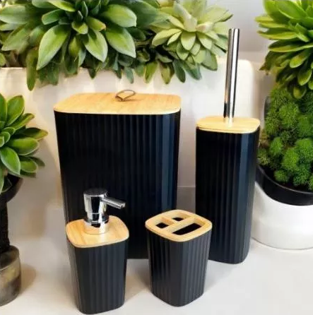 KIT 4PCS BANHEIRO PRETO PLASTICO PP E BAMBU - CLINK