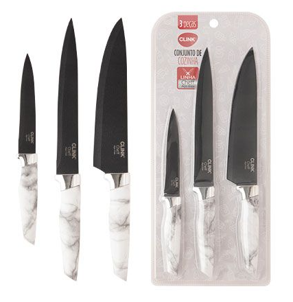 KIT 3 FACAS LINHA CHEFF EM AÇO INOX E CABO DE MÁRMORE - CLINK