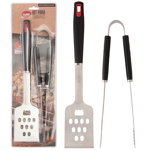 KIT DE CHURRASCO 2 PEÇAS ESPÁTULA/FACA E PEGADOR DE AÇO INOX - CLINK
