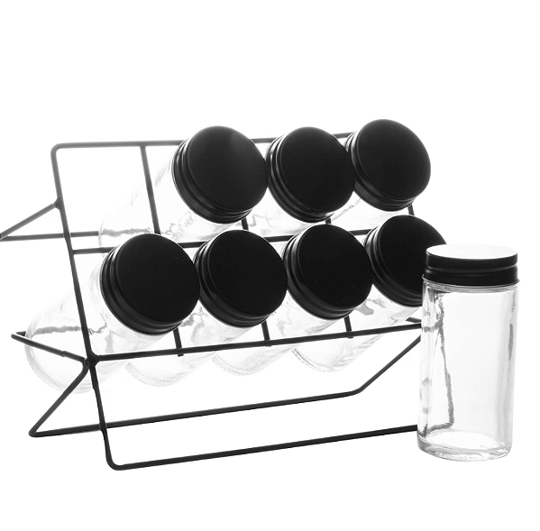 KIT 8 POTES DE TEMPEROS DE VIDRO COM SUPORTE METÁLICO - LYOR