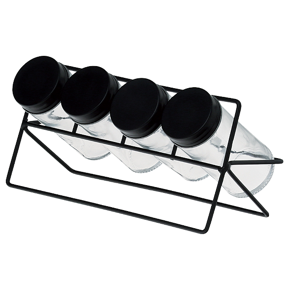 KIT 4 POTES DE TEMPEROS DE VIDRO COM SUPORTE METÁLICO - LYOR