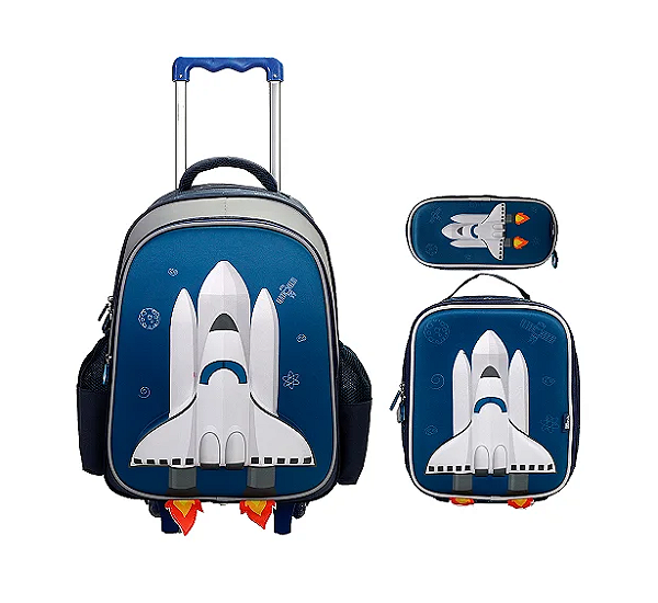 KIT DE MOCHILA INFANTIL + ESTOJO + LANCHEIRA ESPAÇONAVE AZUL - YINS