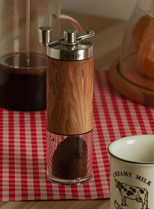 MOEDOR DE CAFÉ MANUAL DE AÇO INOX COM ESTAMPA DE MADEIRA - WOLFF