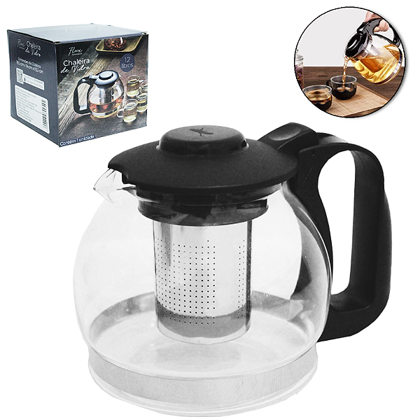 CHALEIRA DE VIDRO RESISTENTE AO CALOR COM INFUSOR DE AÇO INOX 1,2L - FLASHGOODS