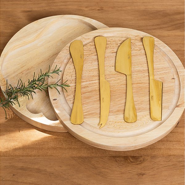 CONJUNTO 4 FACAS PARA QUEIJO POSITANO DE INOX COM CAIXA DISPPLAY DOURADO - LYOR