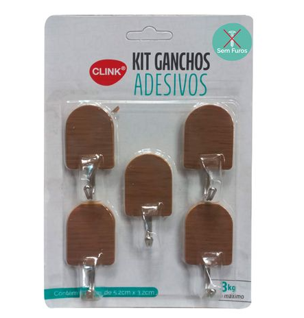 KIT DE 5 GANCHOS AUTOCOLANTES COM ESTAMPA DE MADEIRA - CLINK